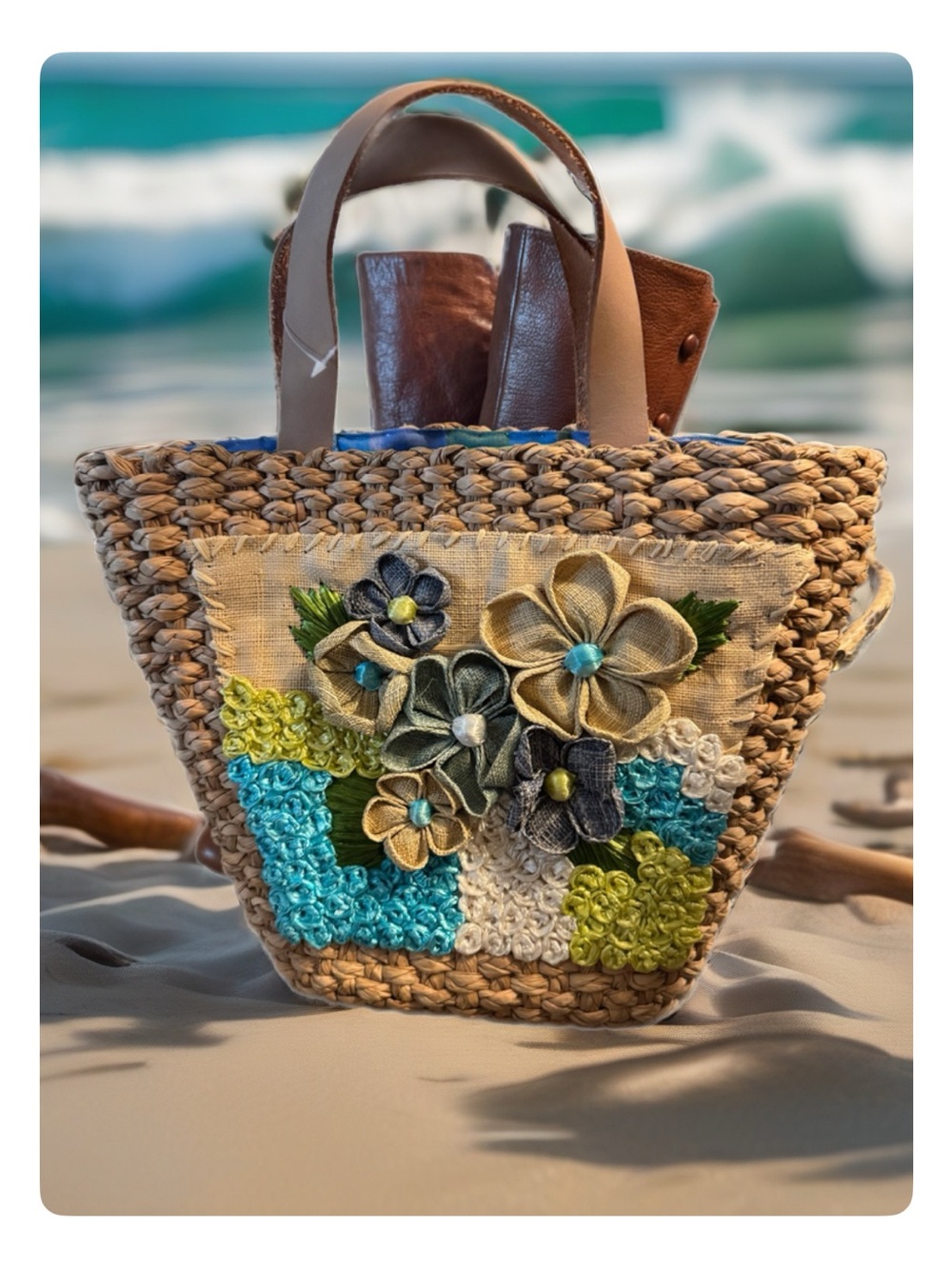 Handwoven Straw Floral Appliqué Tote in Blue & Green NWOT